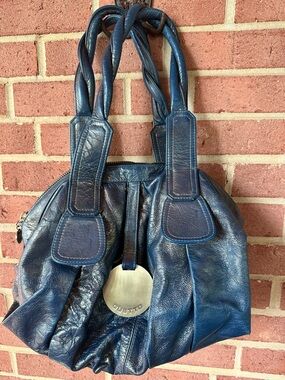 GUSTTO ‘Cala’ Blue Italian Leather Satchel with Twisted Top Handles